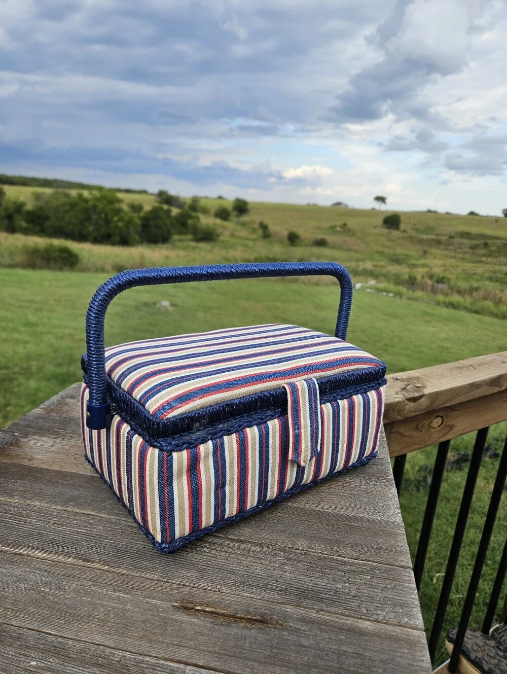 Vtg Red White Blue Striped Fabric Sewing Basket Woven Craft Box Case W/ Tray